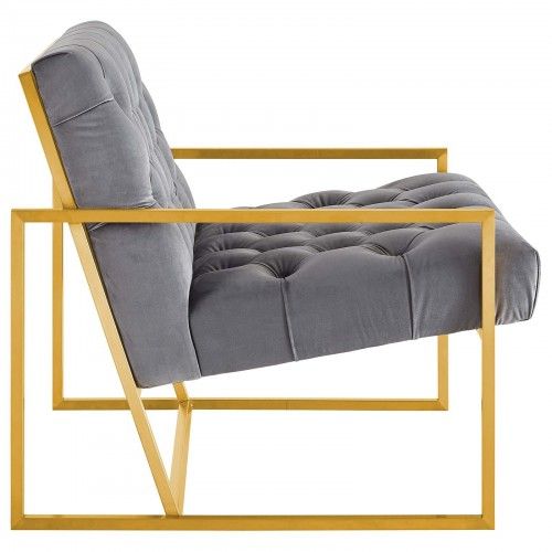 Modern Gold Steel and Grey Velvet Accent Chair