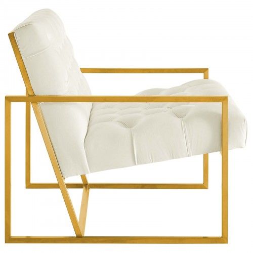 Modern Gold Steel and Ivory Velvet Accent Chair