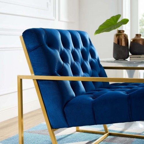 Modern Gold Steel and Navy Blue Velvet Accent Chair