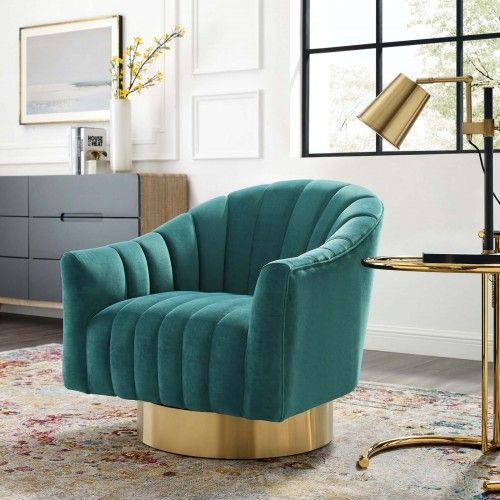 Modern Teal Blue Tufted Velvet Swivel Accent Chair