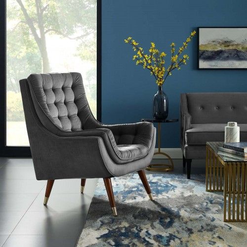 Modern Gray Button Tufted Velvet Lounge Chair Suggest 