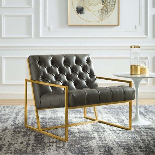 Modern Gray Antique Gold Stainless Steel Faux Leather Accent Chair Bequest 