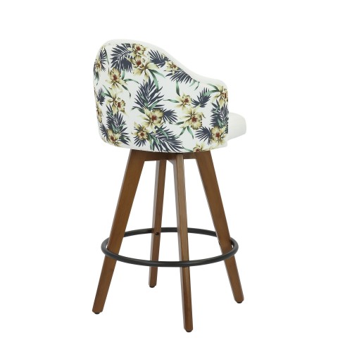 Modern Counter Stool in Walnut Bamboo and Floral Fabric Ahoy
