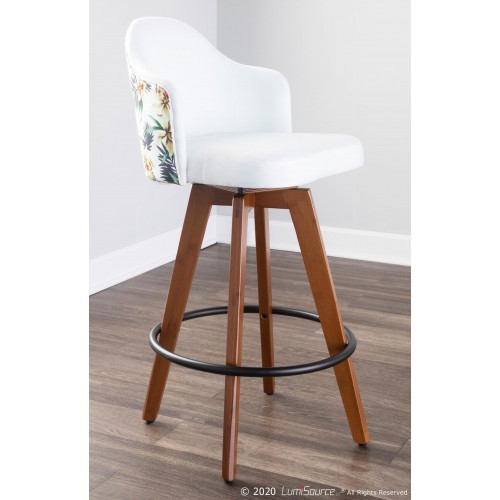 Modern Counter Stool in Walnut Bamboo and Floral Fabric Ahoy