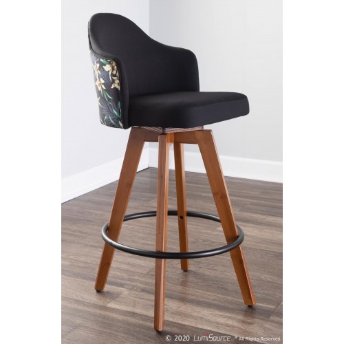 Modern Counter Stool in Walnut Bamboo and Black Floral Fabric Ahoy