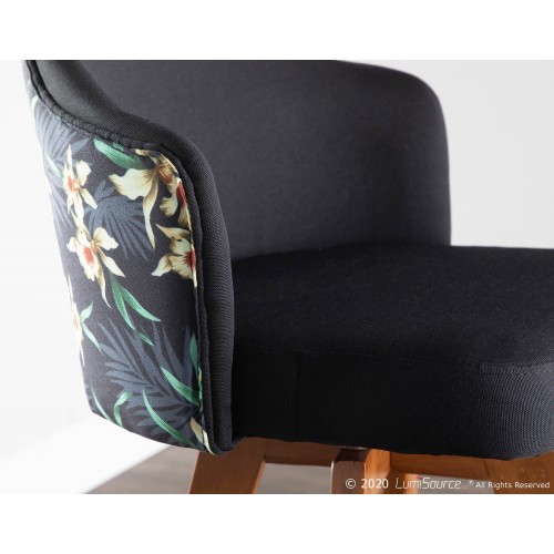 Modern Counter Stool in Walnut Bamboo and Black Floral Fabric Ahoy