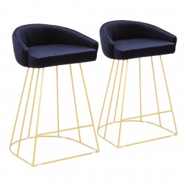 Set of 2 Modern Counter Stools in Gold and Blue Velvet Canary