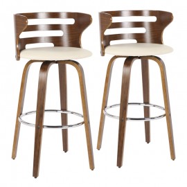 Set of 2 Mid-century Modern Bar Stool in Walnut and Cream PU Cosini