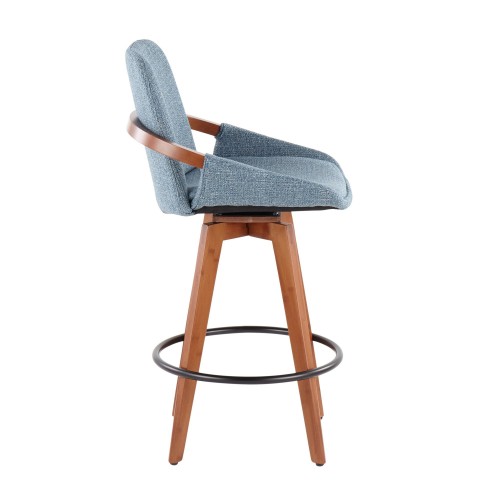 Mid-century Modern Counter Stool in Walnut and Blue Fabric Cosmo