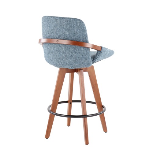 Mid-century Modern Counter Stool in Walnut and Blue Fabric Cosmo