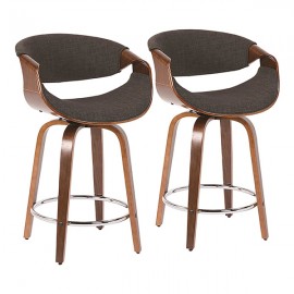 Mid-Century Modern Counter Stools in Walnut and Charcoal Grey Fabric Curvini 