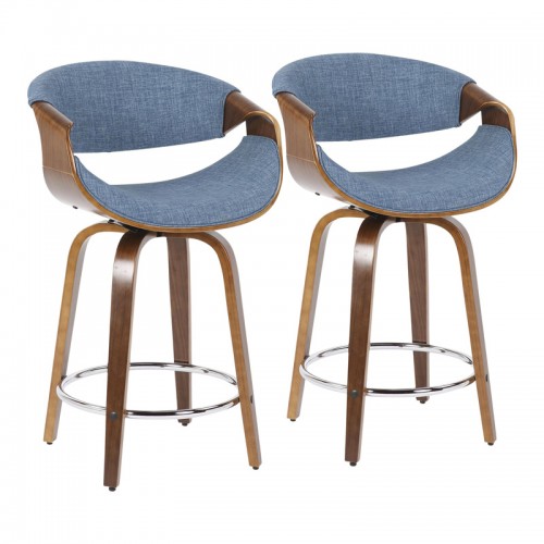 Set of 2 Mid-Century Modern Counter Stools in Walnut and Blue Curvini 
