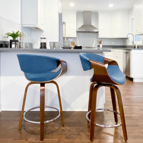Set of 2 Mid-Century Modern Counter Stools in Walnut and Blue Curvini 