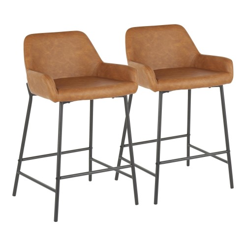 Set of 2 Industrial Counter Stools in Black Metal and Camel PU Daniella