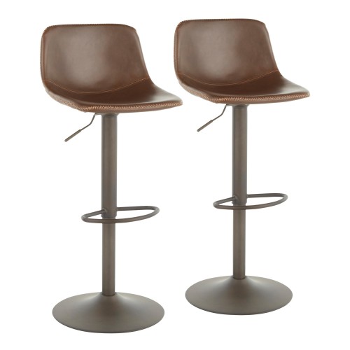 Set of 2 modern barstools in antique metal and brown PU Duke
