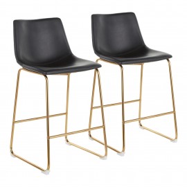 Set of 2 Modern Counter Stools in gold metal and black PU Duke