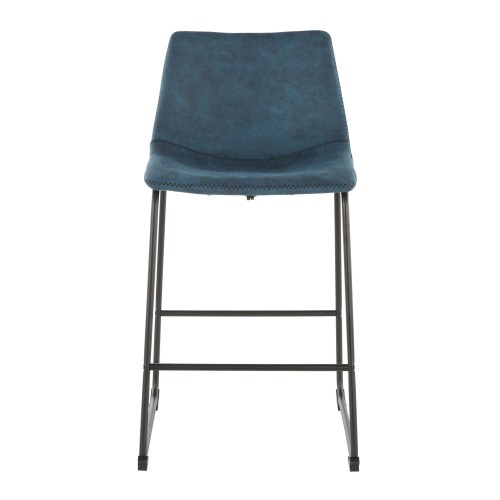 Set of 2 Industrial Counter Stools in Black Metal and Blue Fabric Duke