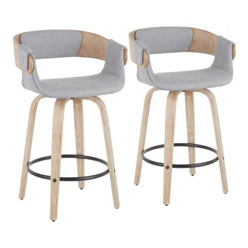 Set of 2 Mid-Century Modern Counter Stools in White Washed Wood and Grey Elisa