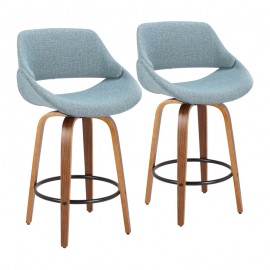 Set of 2 Mid-Century Modern Counter Stools in Walnut, black and Blue Fabrico
