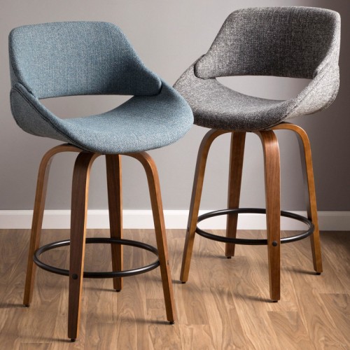 Set of 2 Mid-Century Modern Counter Stools in Walnut, black and Blue Fabrico