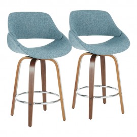 Set of 2 Mid-Century Modern Counter Stools in Walnut, chrome and Blue Fabrico