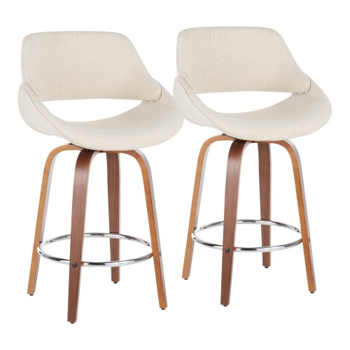 Set of 2 Mid-Century Modern Counter Stools in Walnut, chrome and Cream Fabrico