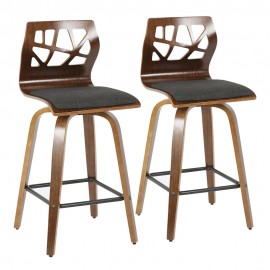 Set of 2 Mid-century Modern Counter Stools in Walnut and Charcoal Folia