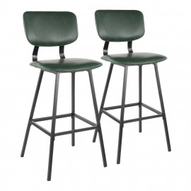 Set of 2 Industrial Bar Stools in Black Metal and Green PU Foundry