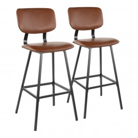 Set of 2 Industrial Bar Stools in Black Metal and Cognac PU Foundry