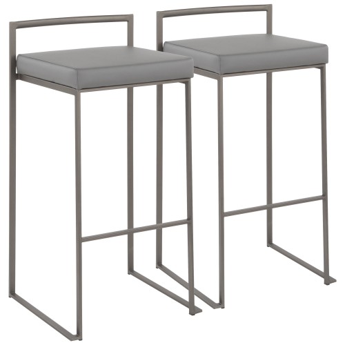 Set of 2 Stackable Contemporary Antique Metal and Grey PU Bar Stools Fuji