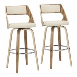 Set of 2 Mid-Century Modern Bar stools with Swivel in Zebra and Cream Faux Leather Cecina