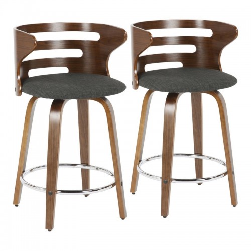 Set of 2 Mid-Century Modern Counter Stools with Swivel in Walnut and Charcoal Fabric Cosini