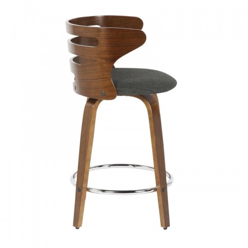 Set of 2 Mid-Century Modern Counter Stools with Swivel in Walnut and Charcoal Fabric Cosini