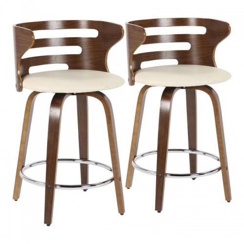 Set of 2 Mid-Century Modern Counter Stools with Swivel in Walnut and Cream PU Cosini