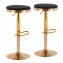 Set of 2 Contemporary Upholstered Adjustable Bar Stools in Gold Steel and Black Velvet Dakota