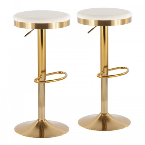 Set of 2 Contemporary Upholstered Adjustable Bar Stools in Gold Steel and Cream Velvet Dakota