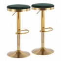 Set of 2 Contemporary Upholstered Adjustable Bar Stools in Gold Steel and Green Velvet Dakota