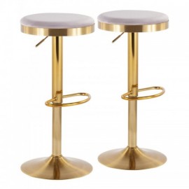 Set of 2 Contemporary Upholstered Adjustable Bar Stools in Gold Steel and Silver Velvet Dakota
