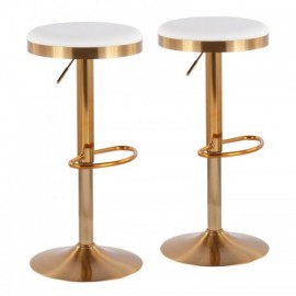 Set of 2 Contemporary Upholstered Adjustable Bar Stools in Gold Steel and White Faux Leather Dakota