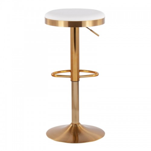 Set of 2 Contemporary Upholstered Adjustable Bar Stools in Gold Steel and White Faux Leather Dakota