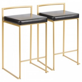 Set of 2 Contemporary-Glam Counter Stools in Gold with Black Faux Leather Fuji