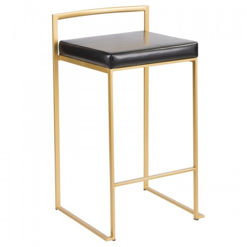 Set of 2 Contemporary-Glam Counter Stools in Gold with Black Faux Leather Fuji