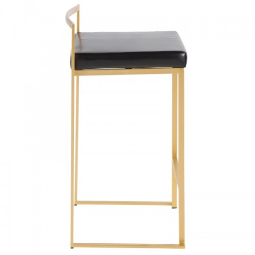 Set of 2 Contemporary-Glam Counter Stools in Gold with Black Faux Leather Fuji