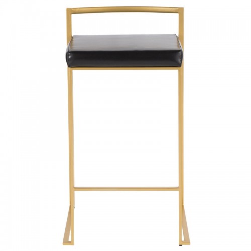 Set of 2 Contemporary-Glam Counter Stools in Gold with Black Faux Leather Fuji