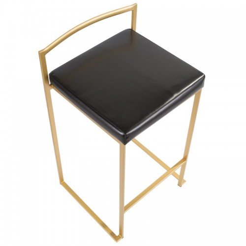 Set of 2 Contemporary-Glam Counter Stools in Gold with Black Faux Leather Fuji