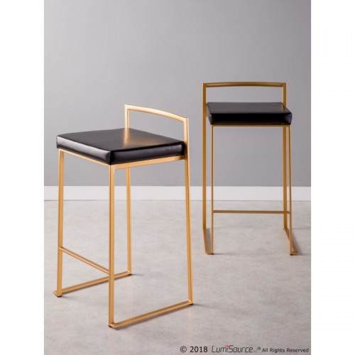 Set of 2 Contemporary-Glam Counter Stools in Gold with Black Faux Leather Fuji