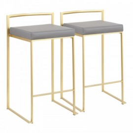 Set of 2 Contemporary Counter Stools in Gold with Grey Faux Leather Fuji