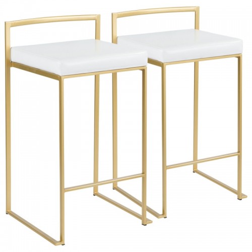 Set of 2 Contemporary-Glam Counter Stools in Gold with White Faux Leather Fuji