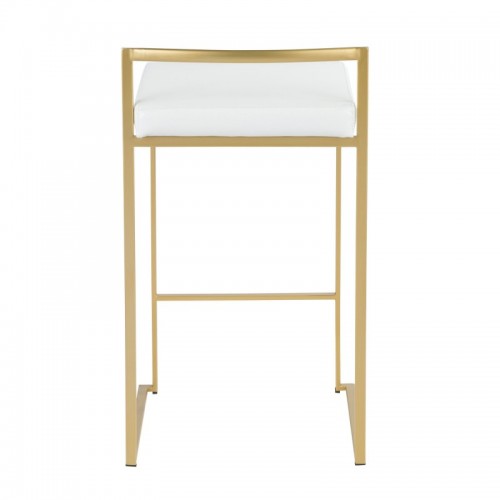 Set of 2 Contemporary-Glam Counter Stools in Gold with White Faux Leather Fuji