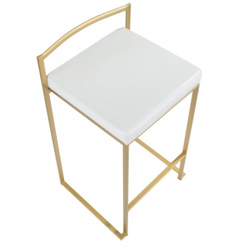 Set of 2 Contemporary-Glam Counter Stools in Gold with White Faux Leather Fuji